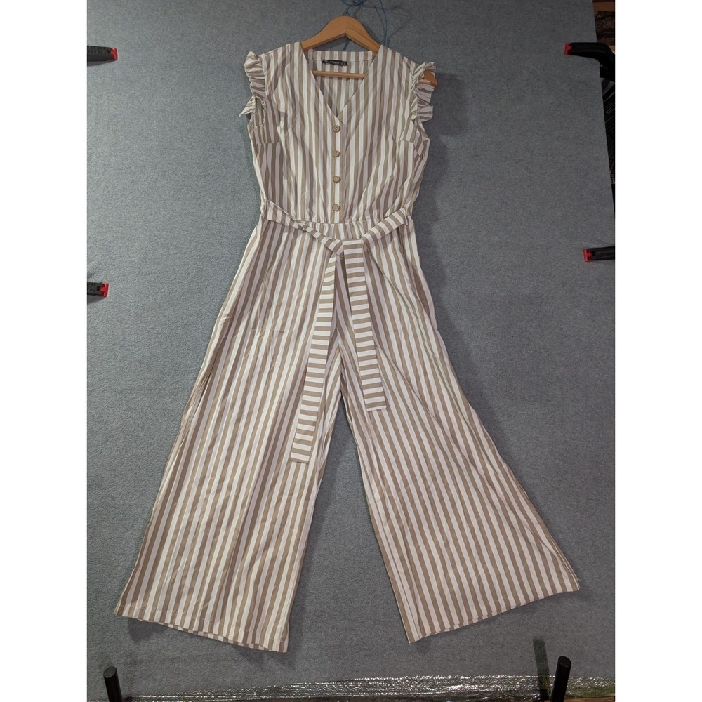 ZXQJ Woman Beige White Striped Wide‎ Leg Jumpsuit Romper Women's L